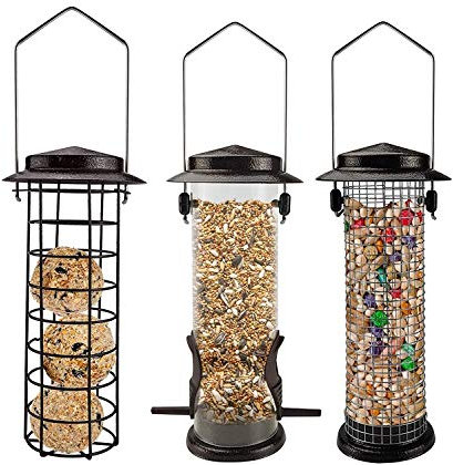 Urban Deco Metal Bird Feeders Hanging Station Fat Ball Bird Feeder Mesh Squirrel Feeder With Steel Hook Bird Seed Feeder - Weather Proof See Through Bird Feeder For Small Birds - Coffee - Pack Of 3