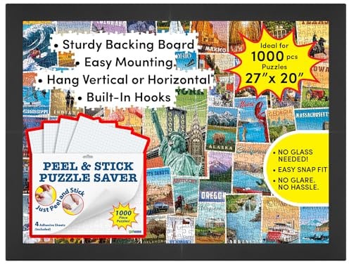Funwares 20x27 Puzzle Frame – No Glass or Plastic Cover – Easy Click Assembly, Lightweight & Glare-Free Display for 1000 Piece Puzzles – Hang Vertical or Horizontal, Includes Puzzle Glue Sheets!