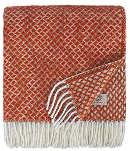 Linen & Cotton Warme Weiche Decke Wolldecke Wohndecke Kuscheldecke Sofia mit Fransen -100% Reine Neuseeland Wolle, Terracotta Orange Rot (130 x170cm) Plaid Couch Sofa Bett Blanket Schurwolle Lammwolle