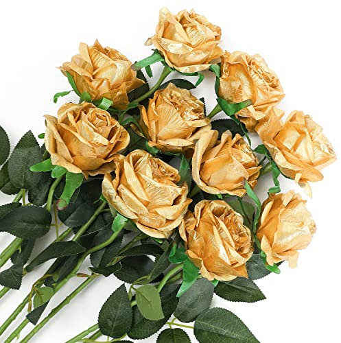 Veryhome 10 Stücke Künstliche Rosen Silk Blumen Gefälschte Flowers Braut Hochzeit Bouquet Für Hausgarten Geburtstag Party Home Wedding Dekor (Golden)