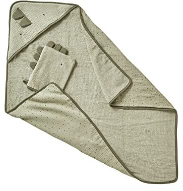 Vertbaudet Kapuzenbadetuch & Waschhandschuh,Kleiner Dino Oeko Tex® grün 80X80