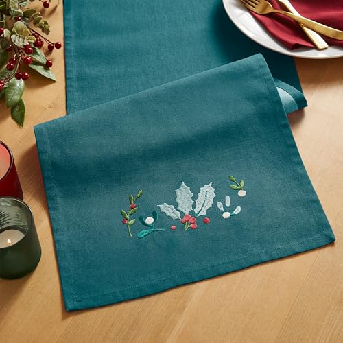 Catherine Lansfield Weihnachtlicher Tischläufer mit Stechpalme und Mistelzweig, Bestickt, Baumwolle, 32 x 220 cm, Grün