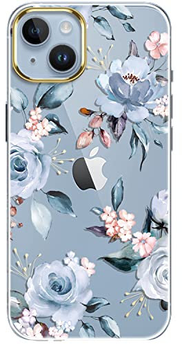 luolnh Compatible with iPhone 14 Case with Flowers,for Girly Women,Shockproof Clear Floral Pattern Hard Back Cover for iPhone 14 6.1 inch 2022 -Blue