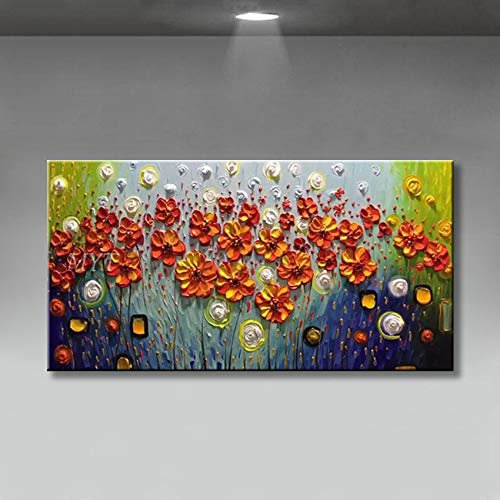 SLEA Handgemalte Acrylbilder,Nordischer Minimalismus Abstrakte Rote Gänseblümchen-Regentropfen Handgemalte Wandgemälde, Spachtel- Ölgemälde Auf Leinwand Für Wanddekorationen, Wandgemälde Für