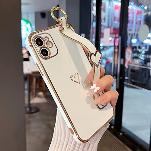 ZTOFERA Compatible with iPhone 11 Case with Wrist Strap, Flexible Silicone Protective Phone Case with Cute Heart Pattern Hand Strap Stand Finger Holder Gold Trim Shockproof Bumper Cover, White