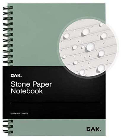 GAK. Steinpapier, wasserfest, Spiralblock, Größe M, 14,7 x 21,1 cm, 50 Blatt, Steinpapier, Notizbuch, wasserdicht, College, liniertes Papier, schwarzes Notizbuch, ästhetische Schule