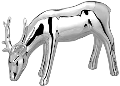 Kleine stehende Porzellan Deko Rentier Figur - silbern glänzende Hirsch Weihnachts-Deko zum Hinstellen Höhe 11 cm