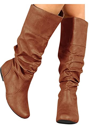 Stivali Invernali Donna Pelle Caldo Curvy Anfibi Vintage Sopra il Ginocchio Elasticizzati Stivali Cowboy Western Boots con Tacco Camoscio Morbidi Stivaletti Stivali Alti Larghi Sexy