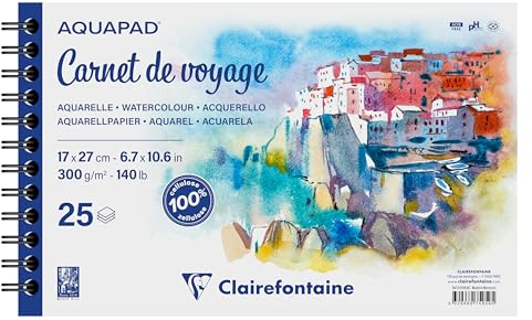 Clairefontaine 975959C - Skizzenbuch Aquapad 17x27cm, spiralgebunden mit 25 Bogen 300g, ideal für unterwegs, 1 Stück
