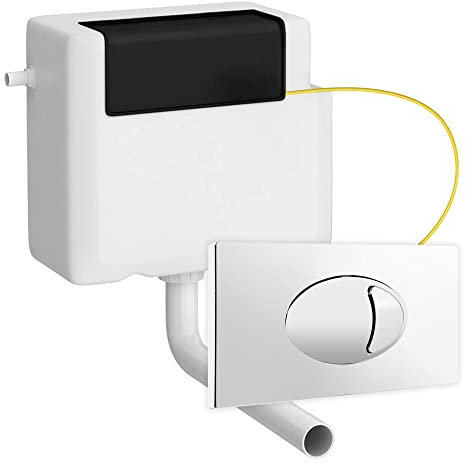 Dual Flush Concealed Cistern with Chrome Push Button Cable & Pipe | Front & Top Access Cistern | Modern Bathroom Universal Water Saving Dual Function Cistern with Black Plastic Lid - 400 g