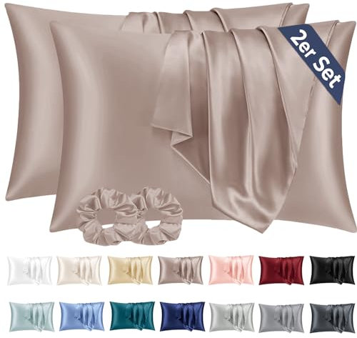 Vielit 2er Set Satin Kissenbezug 50x80 Braun, Weich wie Seidenkissenbezug,Bessere Pflege als Silk Pillosecase,Satin Kopfkissenbezug 50x80 Kissenhülle für Haar und Haut mit 2 Haargummis