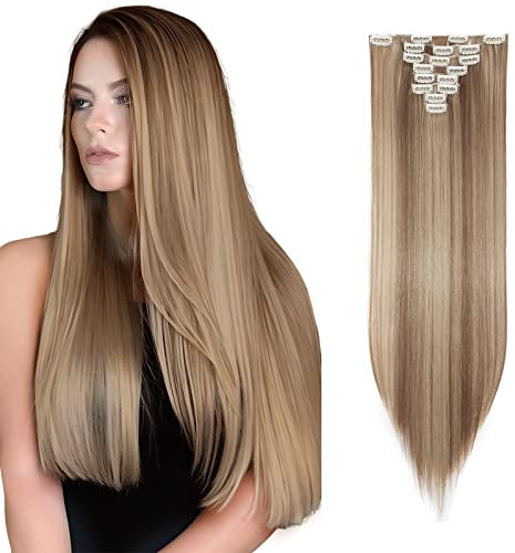 Elailite Clip In Extensions, 140g Haarverlängerung Haarteil glatt 8 Tressen mit 18 Clips, 66cm für komplette Haarverlängerung - Hellbraun/Honigbraun