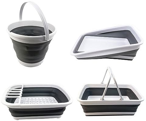 SAMMART COMBO Collapsible Washing Up Set - Bucket, Dish Drainer, Dish Tub, Laundry Basket with Handle - Space Saving, Camping & Picnic Set (Grey/Steel Grey)