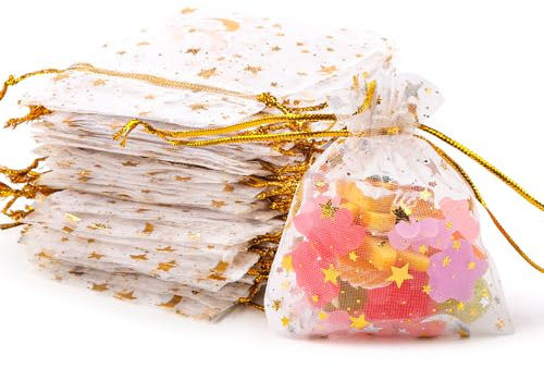 JOFONY Organzasäckchen,100 Stück Organzabeutel,Weiß Schmuckbeutel mit Kordelzug,Organza Geschenkbeutel für Festival Party Hochzeit Geschenk(7x9cm)