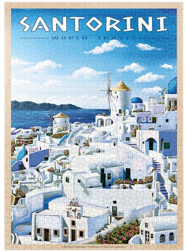 Greece Santorini - in Blue and White, Vintage Travel Poster - Premium 1000 Piece Jigsaw Puzzle for Adults
