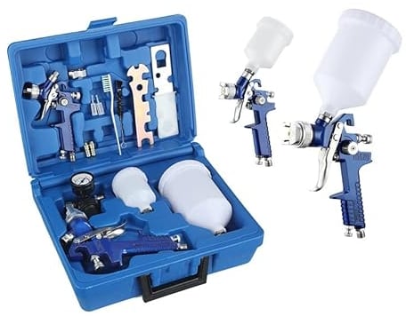 2 Pcs/Set HVLP Paint Sprayer Set, 0.8MM & 1.4MM Nozzle Professional Air Gravity Feed Spray Gun Kit with 125ML & 600ML Cup Paint Tool for Car Furniture Painting Handheld Sprayer (Blue)