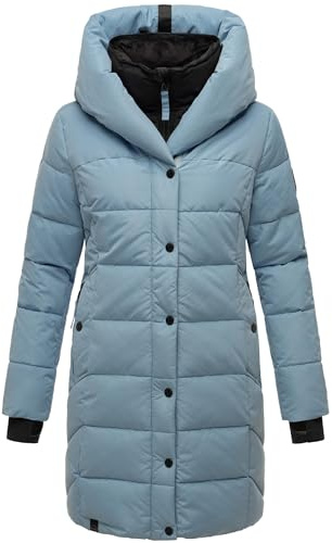 Navahoo Damen Wintermantel warmer Steppmantel lang mit Kapuze und abnehmbarem Fleece-Kragen Knutschilein XS-3XL