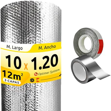 AISLANTE TERMICO MULTIUSOS PREMIUM| Reduce el Frio y el Calor | Rollo Aislante Termico para Ventana, Pared, Suelo, Techo, Coche, Garaje,Camper (10x1.20m | 12m² + 2 cintas adhesivas)