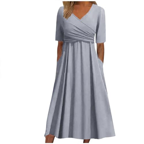 WVONIF Robe d'été à Manches Courtes pour Femmes Femme Robe Cocktail sans Manches Col en V Cache Coeur A-Line Evasée Chic et Elegante Robe de Soiree Femme Chic et Glamour ( Gris, L