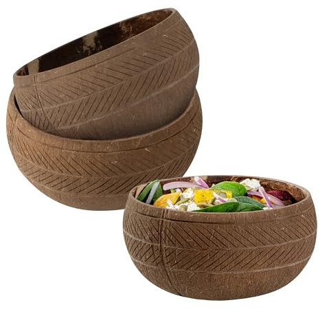 Restaurantware - Coco Casa 21.2 Ounce Coconut Bowls, 10 Reusable Handcrafted Bowls - Carved Feather Design, for Warm and Cold Foods, Coconut Smoothie Bowls, for Smoothies and Salads, Washable by Hand