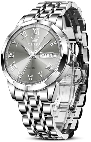 OLEVS Silber Uhren fur Männer Grau Großes Zifferblatt Lässig Analog Armbanduhr Herren Wasserdicht Stylish Edelstahl Herrenuhr Leuchtende Römische Ziffern Herren Kleid Uhr mit Datum Leicht zu Lesen