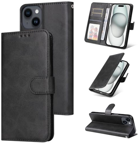 E-Lush Coque pour iPhone 15 Cuir PU, Portefeuille Etui pour iPhone 15 Coque Magnétique Flip Case avec Fonction Support Fente Carte Housse 360 Degrés Antichoc Protection, Noir