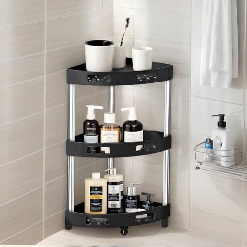 volumoon 3 Niveles Estanteria Baño de Ducha de Pie, Estanteria Esquina Baño, Estantería Baño Sin Taladro, Estanteria Esquinera de Plastico para Ducha, para Baño, Cocina, Salón (Negro, 34 x 24 x 64cm)