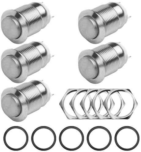 5 PCS Boutons Poussoirs Momentanés en Métal Etanche 12mm, Interrupteur Bouton-Poussoir Étanche en Cuivre Nickelé, Interrupteur 12v, 3A 12V/24V/125V/250V AC Autobloquant (Tête Haute)