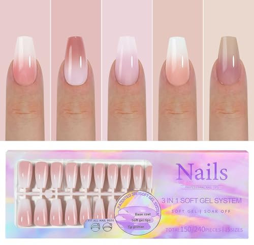 GZMAYUEN 150 Stück Nägel Zum Aufkleben Press on Nails Ballerina- Rosa Nude Farbverlauf Künstliche Fingernägel zum Aufkleben Acryl Full Cover Künstliche Nägel für Nail Art Maniküre