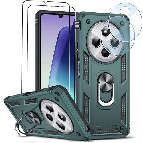 LeYi Hülle für Xiaomi Redmi 14C 4G Handyhülle mit 2 Schutzglas & 2 Kamera Folie, Militär Standard Kameraschutz Schutzhülle Metallring Ständer Outdoor Case Stoßfest Redmi 14 C 4 G Handy Cover Schwarz