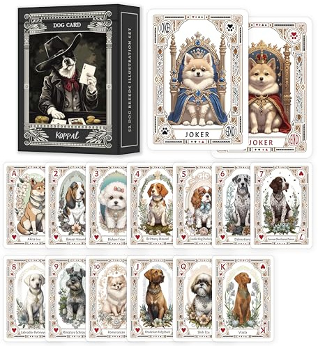 KOPPAL Einzigartige Vintage-Katzen-Hunde-Porträts, niedliche Pokerkarten mit Haustier-Thema, Standard-Index (Pokerdeck 54 Karten, alle unterschiedlich) mit Backup-Deck und Nachrichtenkarte, für