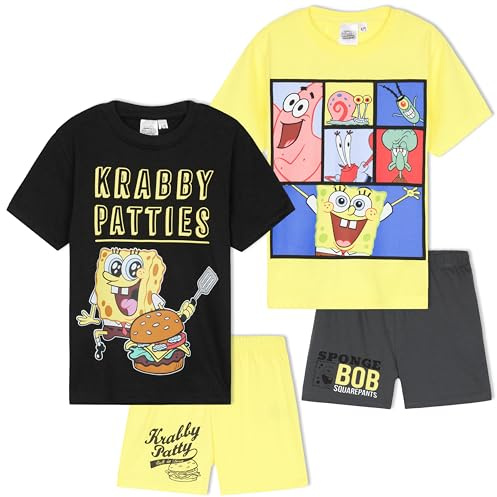 SpongeBob SquarePants Boys Pyjama Set 3-8 Yrs, 2 Pack Short Pj Bottoms Crew Neck Kids T-shirts, Soft Loungewear Gifts Boys (7-8 Years, Multi SpongeBob, 2 Pack)