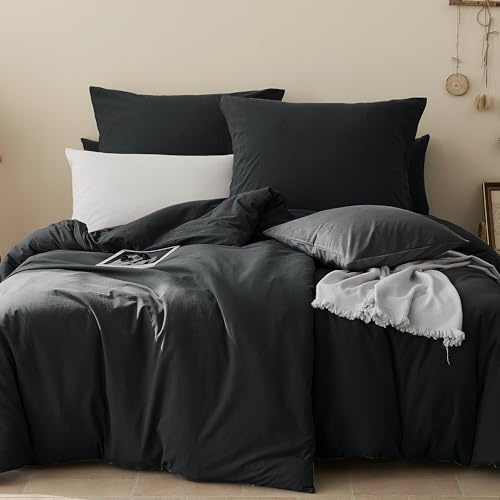 JELLYMONI Bettwäsche 200x200 Baumwolle Bettwäsche-Sets Anthrazit Oeko-Tex 100% Gewaschene Baumwolle Bettbezug mit Reißverschluss und 2 Kissenbezüge 80X80 mit Umschlag Weich 3-Teilig