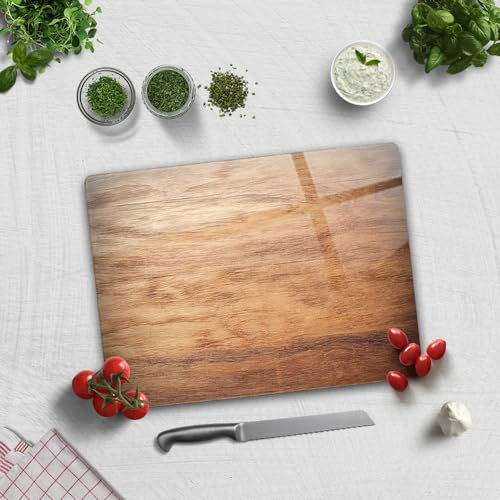 Hygienic Glass Worktop Saver Chopping Board for Kitchen, Rectangle with Rubber Feet, Heat Resistant, Non-Slip | 30cm x 40cm | (Wooden Look)
