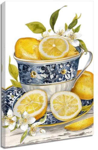 ZQQART Zitronen Blumen Leinwanddrucke Früchte in Teetasse Gemälde Kunstwerk gelber Zitronenbaum Bild Bauernhaus Küche Restaurant Kunstwerk (Gelb,40x60cm)
