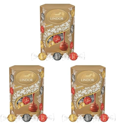 Lindt LINDOR Praline di Cioccolato al Latte, Fondente, Bianco, 16 Cioccolatini Assortiti, in confezione 200g (Confezione da 3)