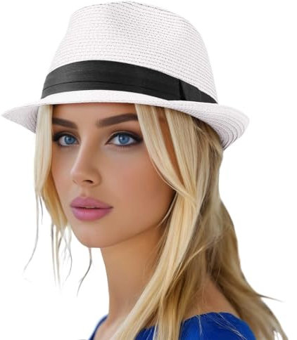 Generisch Chapeau de Paille Femme Noir Chapeau Fedora en Paille pour Homme et Femme Chapeau Pliable à Bord Court Enroulé Panama Chapeau d'été Plage Chapeau de Soleil Fille Taille 52, Blanc., taille
