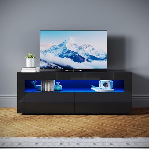 SONNI TV-Schrank Modern 120cm, Lowboard Hochglanz Schwarz mit 16 Farben LED-Beleuchtung, 2 Schubladen, 2 Türen für Fernseher bis 55 Zoll, Fernsehtisch für Wohnzimmer & Schlafzimmer, 120x40x45cm.
