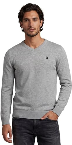 U.S. POLO ASSN. Herren Pullover (S-3XL) Classic Fit V-Neck Langarm Casual Sweatshirt P006 - Grau-Melange-Navy Größe M - Gr.M