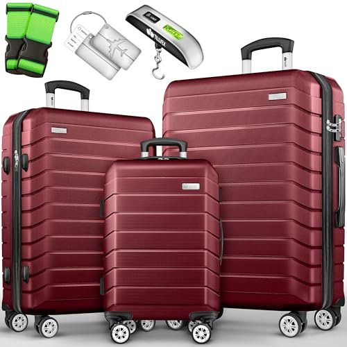 tillvex® Reisekoffer Set 3-TLG. + Gepäckwaage, 6X Koffergurte & 3X Kofferanhänger | Kofferset 4 Rollen | Trolley Gepäck Koffer TSA Schloss | Rollkoffer Hartschalenkofferset S-M-L-XL (Rot)