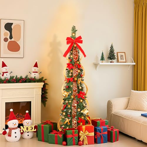 Alupssuc 5FT Pop Up Pencil Christmas Tree with Lights, Pre Lit Slim Tree with 80 Warm White & Multi-Color Lights, 9 Light Modes, with Xmas Balls, Bows and Flowers Decorations, Easy Assembly