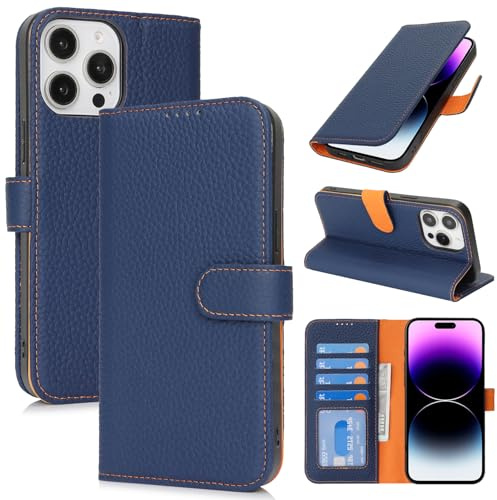 Zouzt Leather Wallet Case for iPhone 14 Pro Max, 4 Card Slot, Blue & Orange