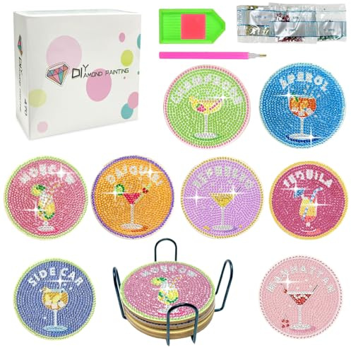 Diamond Painting Dessous sous Verre de à Cocktail, 8 Pièces Diamant Peinture Dessous avec Spport, Kit Mosaique Adulte, pour Loisirs Créatifs, Kits de Peinture Diamant pour Tasse pour Adulte Enfants