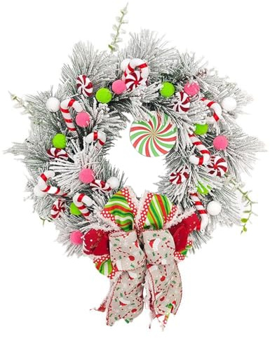 Christmas Red and White Candy Cane Wreath, Christmas Door Wreath Xmas Decorations with Bow and Ball Ornaments, Christmas Wreaths for Wall Windows