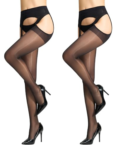 Yilanmy Shiny Suspender Pantyhose for Women Black Garter Belt Tights 20D Sheer Shimmer Thigh High Stockings 2 Pairs