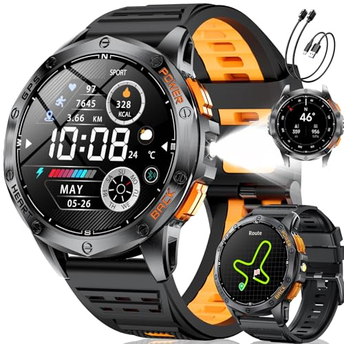 LIGE Smartwatch Uomo GPS, Barometro/Altimetro/Bussola, AMOLED 1,43 Smart Watch Militare con Torcia LED, Chiamate Bluetooth, 170+ Modalità Sport, 5ATM, Monitoraggio Salute per Android iOS,DM1-H