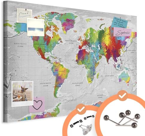 murando - Weltkarte Pinnwand & Vlies Leinwandbild 120x80 cm 1 Teilig Kunstdruck modern Wandbilder XXL Wanddekoration Design Wand Bild - Landkarte Karte Reise Geographie k-A-0128-v-a