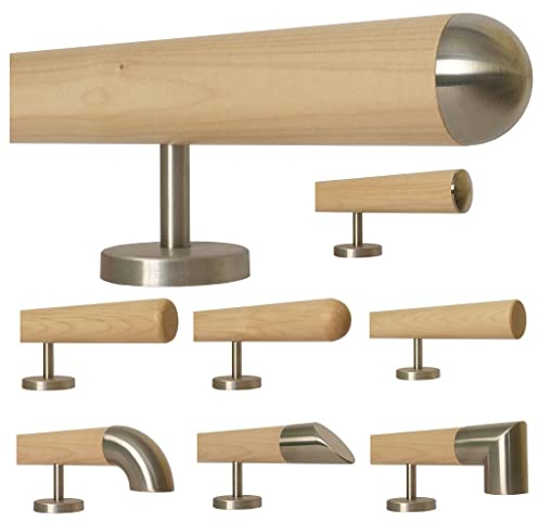 Ahorn Holz Treppe Handlauf Geländer Griff gerade Edelstahlhalter, Länge 30-500 cm aus einem Stück/Beispiel: 480 cm mit 6 Halter Halbrunde Edelstahlkappe