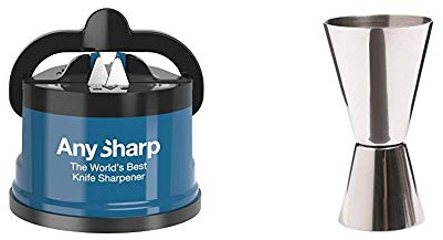 AnySharp Knife Sharpener with PowerGrip, Blue & BarCraft Cocktail Jigger Dual Spirit Measure Cup, Stainless Steel, 25ml/50ml