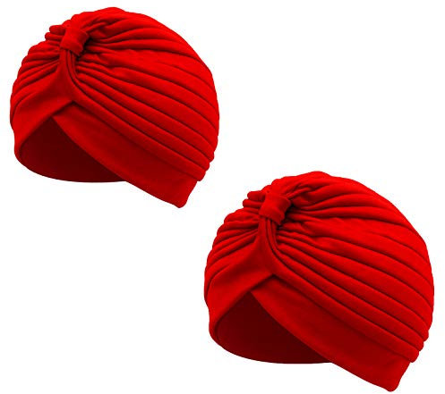 2er-Pack Kopfbedeckung, plissiert, Turban, Indien, Kapuze, arabisch, Festival, Vintage, einfarbig, Unisex (Rot x 2, Einheitsgröße)